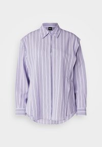 Purple striped button-up shirt with a relaxed fit, long sleeves, pointed collar, and rounded hem. Fabric texture appears smooth.