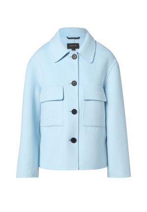 Light blue wool blend jacket with a front button closure, two chest pockets, and a classic collar design. Soft texture and relaxed fit.