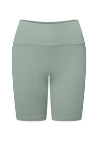 Szorty rowerowe z wysokim stanem, dopasowane, w miękkim odcieniu szałwii. Wykonane z gładkiego, elastycznego materiału z bezszwowym paskiem w talii i estetycznym wykończeniem.