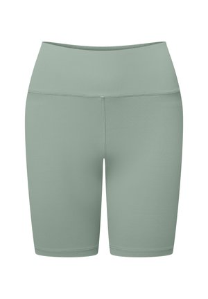 Szorty rowerowe z wysokim stanem, dopasowane, w miękkim odcieniu szałwii. Wykonane z gładkiego, elastycznego materiału z bezszwowym paskiem w talii i estetycznym wykończeniem.