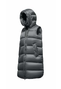 Grijze gewatteerde vest met capuchon, met een gestikt ontwerp, een ritssluiting aan de voorkant en grote zijzakken. Glad, lichtgewicht materiaal.
