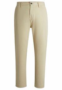 Beige cotton blend trousers with a straight fit, featuring a zip fly, a single button closure, and front slash pockets. Smooth texture.