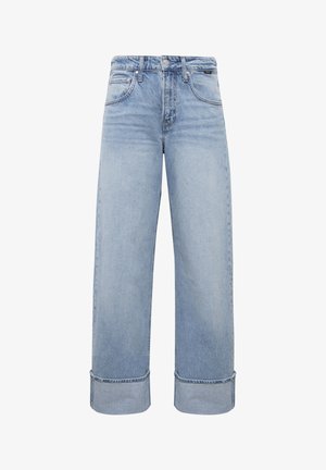 Light blue wide-leg jeans made of denim, featuring a high waist, back pockets, and rolled cuffs for a relaxed fit.