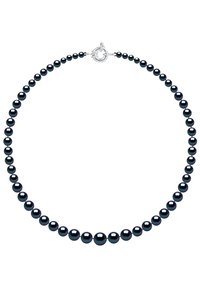 Collier de perles noires avec des perles rondes graduées, une finition brillante et un fermoir en argent. Texture lisse avec une couleur uniforme sur toute la longueur.