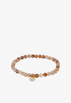 Stretch bracelet with round, faceted, translucent orange and brown beads and a small round gold charm.