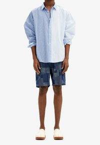 Camisa abotonada a rayas azul y blanca, pantalones cortos con patrón en azul marino y calzado tipo slip-on en color crema. La camisa tiene mangas largas y un corte relajado.