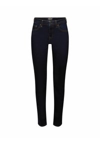 Tmavě modré slim-fit džíny s předními kapsami a kapsičkou na mince, hnědým prošíváním a zapínáním na knoflík v pase, vystavené na bílém pozadí.