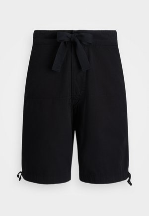 Black swim shorts made of lightweight fabric, featuring a drawstring tie at the waist and adjustable toggle details at the hems.