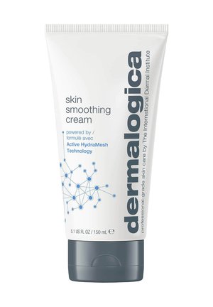 Tubo di plastica bianco con un tappo grigio, etichettato "Dermalogica Skin Smoothing Cream", con design molecolare blu e dettagli del prodotto.