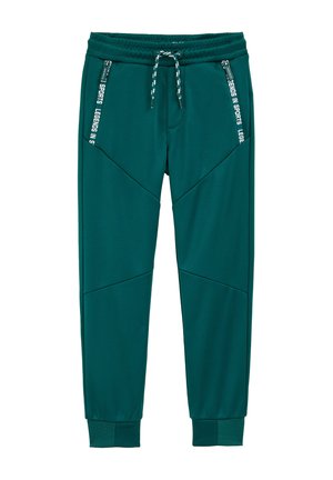 Teal športne hlače iz mehkega materiala, z vrvico v pasu, žepi z zadrgo in poševnimi šivi ob nogah.