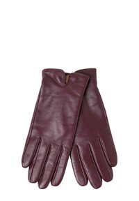 Burgunderfarbene Lederhandschuhe mit glatter Oberfläche, passgenauem Design und geschlitztem Bündchen. Klassischer Fünf-Finger-Stil mit gesteppter Verzierung.