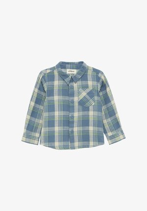 Langarm geruite shirt in tinten blauw, groen en wit. Voorzien van een knoopsluiting aan de voorkant, een gebogen kraag en een borstzak. Zachte stoftextuur.