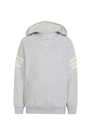 Hellgraues Kapuzensweatshirt mit langen Ärmeln, gerippten Bündchen und Saum sowie drei weißen Streifen auf jedem Oberarm.