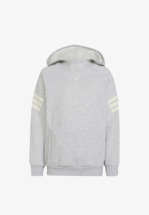Lichtgrijze capuchonsweater met lange mouwen, geribde boorden en zoom, en drie witte strepen op elke bovenarm.