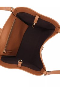 Tan leather handbag with a spacious, dark interior. Features a zipped pocket and gold hardware accents, including a keyring attachment.