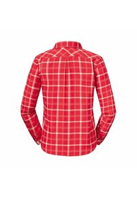 Camisa de manga larga a cuadros rojos y blancos con puños de botón, que presenta un yugo trasero y un corte ajustado, hecha de un tejido transpirable.