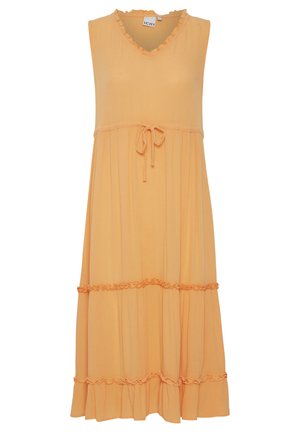 Orange sleeveless dress with a V-neckline, frill detailing along the neck, and a tie waist. Features a tiered design with ruffled accents.