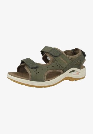 Green suede sandals with two adjustable straps, cushioned interior, perforated design, and a white and gum rubber sole.