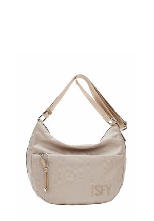 Borsa a tracolla beige con texture, tasca frontale con cerniera, tracolla regolabile, fibbia in metallo e logo "SPY" discreto nella parte inferiore frontale.
