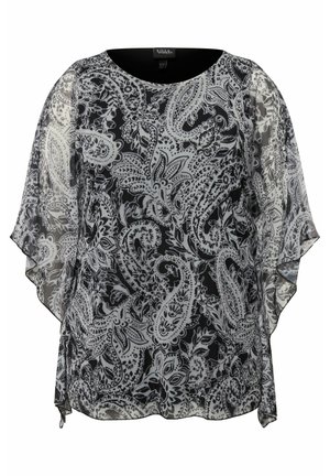 Sheer black and white tunic with paisley pattern, wide sleeves, rounded neckline, and a lightweight texture. Features a relaxed fit.