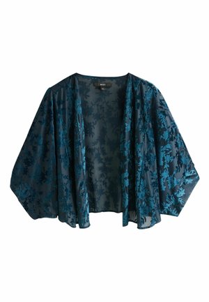 Durchsichtige, dunkelblaue Kimono-Jacke mit floralem Muster. Breite Ärmel und offenes Frontdesign, das eine weiche, fließende Textur hat.