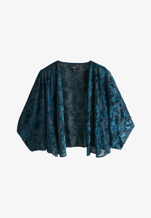 Durchsichtige, dunkelblaue Kimono-Jacke mit floralem Muster. Breite Ärmel und offenes Frontdesign, das eine weiche, fließende Textur hat.