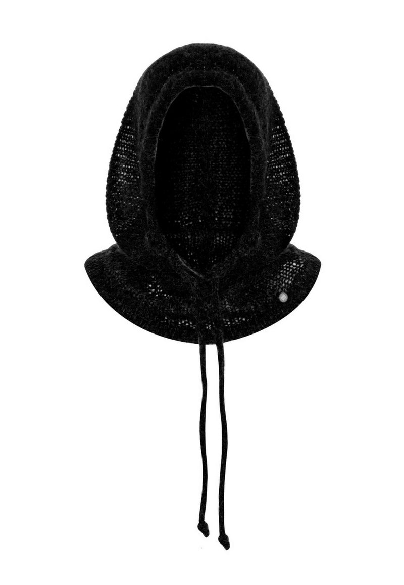 Czarna dziana kominiarka z szerokim kołnierzem, posiadająca sznurki do regulacji oraz teksturowany, otwarty splot.