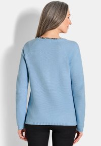 Pull en maille bleu clair avec un motif en maille, décolleté ras du cou, et poignets et ourlet côtelés, vu de dos.