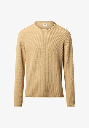 Knit sweater in a light beige color with a textured pattern, round neck, long sleeves, and ribbed cuffs and hem.