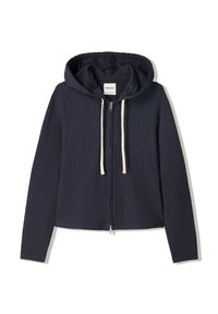 Navy zip-up hoodie featured with a drawstring hood and contrasting white strings. Simple and casual design, suitable for everyday wear.