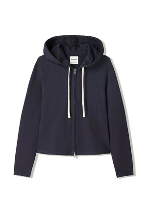 Bluza cu fermoar de culoare bleumarin, dotată cu glugă cu șnur și șnururi albe contrastante. Design simplu și casual, potrivit pentru purtare zilnică.