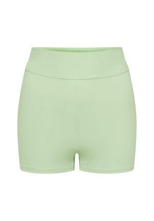 Jasnozielone spodenki sportowe z szerokim pasem, wykonane z gładkiego, elastycznego materiału. Charakteryzują się minimalistycznym designem bez widocznych wzorów czy akcentów.