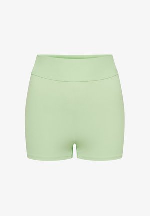 Jasnozielone spodenki sportowe z szerokim pasem, wykonane z gładkiego, elastycznego materiału. Charakteryzują się minimalistycznym designem bez widocznych wzorów czy akcentów.