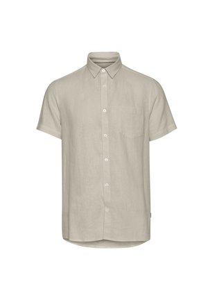 Chemise à manches courtes en lin beige clair, dotée d'une poche poitrine, d'un col classique et d'un ourlet droit.