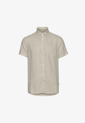 Cămașă cu mânecă scurtă, din in bej deschis, cu buzunar pe piept, guler clasic și design cu tiv drept.