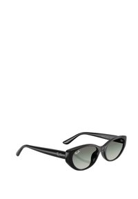 Occhiali da sole neri a forma di occhio di gatto con lenti grigie, realizzati in plastica lucida. Presentano stecche spesse con un dettaglio di logo discreto. Superficie liscia in tutto.