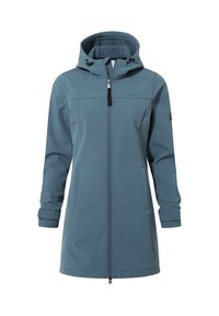 Blue softshell jacket with a zip closure, adjustable hood, two side pockets, and a simple design. Features a TOG24 logo on the chest.