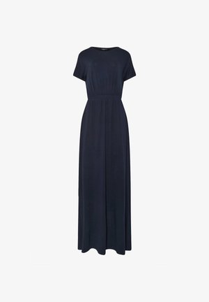Navy blue maxi dress made of soft fabric, featuring short sleeves, an elasticated waist, and a flowing skirt that reaches the ankles.