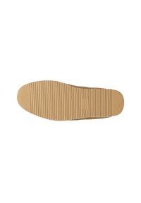 Semelle de chaussure en caoutchouc marron avec des rainures verticales, bout arrondi et logo en relief. Design plat avec surface texturée pour l'adhérence et la traction.