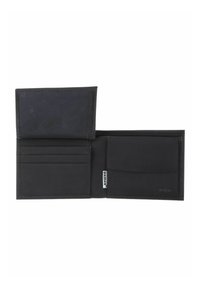 Portefeuille noir bi-pli ouvert montrant trois emplacements pour cartes, un compartiment en mesh et une poche à pièces avec rabat sur fond blanc.