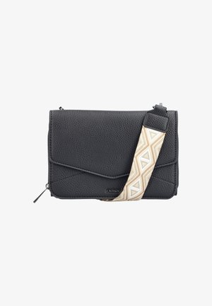 Schwarze, strukturiert Leder-Clutch mit einem beigen, geometrisch gemusterten Riemen, ausgestattet mit einem Reißverschluss und einem eleganten, geradlinigen Design.