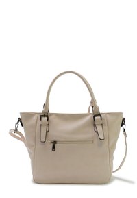 Beige neplederen totebag met twee handvaten aan de bovenkant en een verstelbare schouderriem. Heeft een voorvak met rits en accenten van zilverkleurig metaal.
