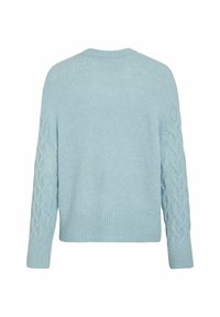 Jasnoniebieski sweter z teksturowanym korpusem i wzorem w warkocze na rękawach. Posiada okrągły dekolt i ściągacz na dole.