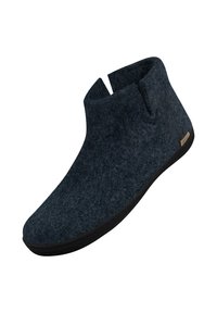 Stivaletti alla caviglia grigi con un design minimalista, caratterizzati da una punta rotonda, due aperture alla caviglia e una suola in gomma testurizzata.