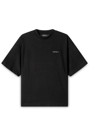 Black cotton oversized t-shirt featuring a crew neckline and short sleeves, with "FAVELA" logo in white on the left chest. Soft texture.