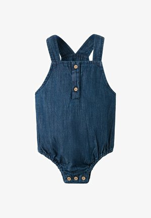 Dunkelblauer Baby-Strampler aus Denim mit gekreuzten Rückenträgern, Knopfleiste vorne und drei Knöpfen unten für einfachen Windelzugang.