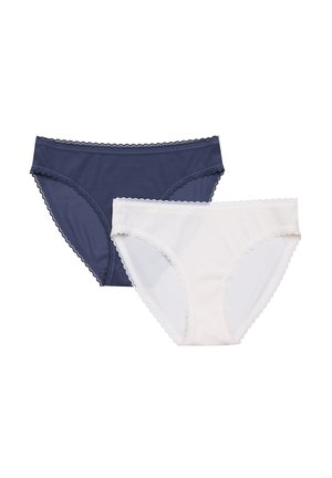 Two pairs of women's panties: one dark navy, one off-white. Both feature delicate lace trim around the waistband and leg openings.