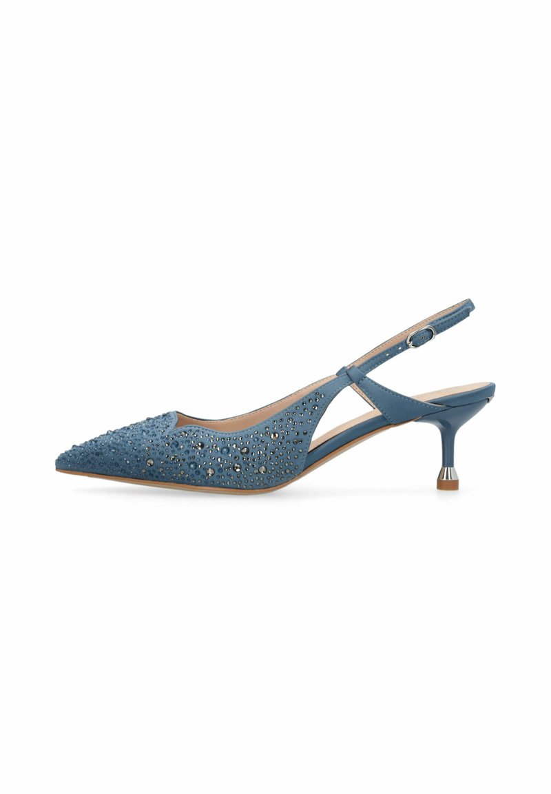 Chaussure escarpin à talon kitten bleu en daim avec bout pointu et petits strass décoratifs sur le dessus.