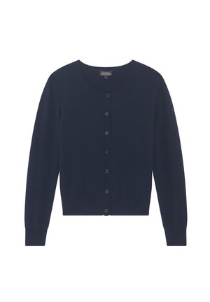 Dunkelblauer Cardigan aus Strickstoff, mit Rundhalsausschnitt, langen Ärmeln und einer kompletten Knopfverschlussleiste mit passenden Knöpfen.