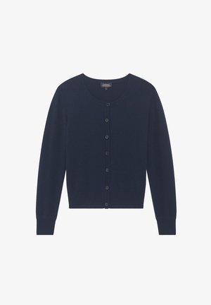 Cardigan blu navy realizzato in tessuto a maglia, con scollatura tonda, maniche lunghe e chiusura frontale completa con bottoni coordinati.